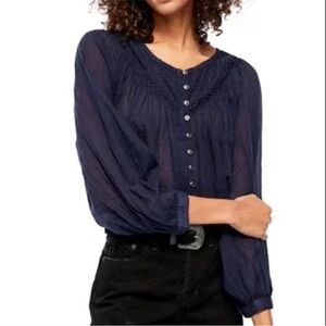 We The Free Navy Blue Cool Meadow Boho Blouse Button Down Balloon Sleeve Relax